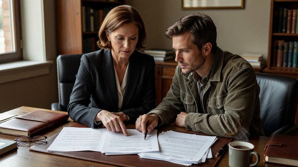 Literary agent and author reviewing a printed publishing contract together at a wooden desk