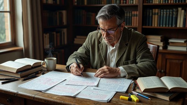 Writer reviewing a printed manuscript covered in handwritten edits at a wooden desk