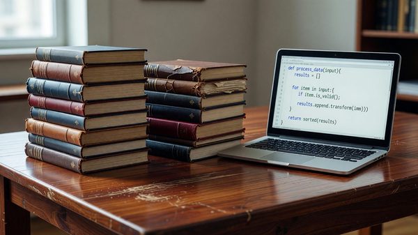Stacks of hardcover books on a wooden table beside a laptop displaying lines of code