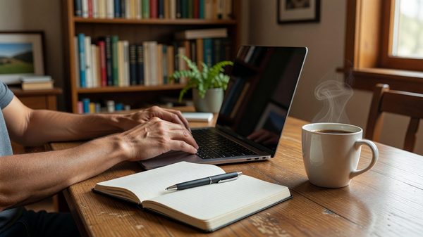 Author's hands typing on a laptop keyboard beside a notebook and coffee cup in a home office