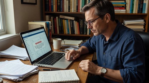 Self-published author looking at a laptop screen displaying a publishing dashboard with a warning notice