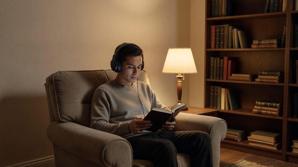 Person wearing headphones listening to an audiobook on a phone while sitting near a bookshelf