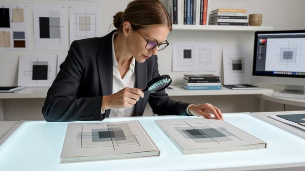 Designer comparing two nearly identical book cover mockups on a light table