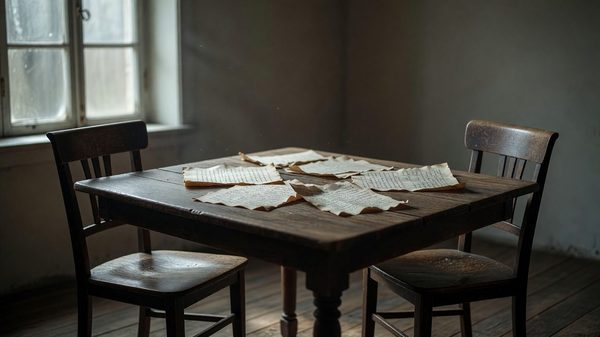 Two empty chairs facing each other across a table with scattered manuscript pages between them