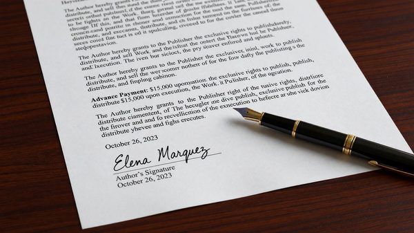 Close-up of a signed book publishing contract page with a pen resting on top