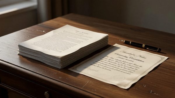 Stack of printed manuscript pages beside a certificate document and a fountain pen on a desk