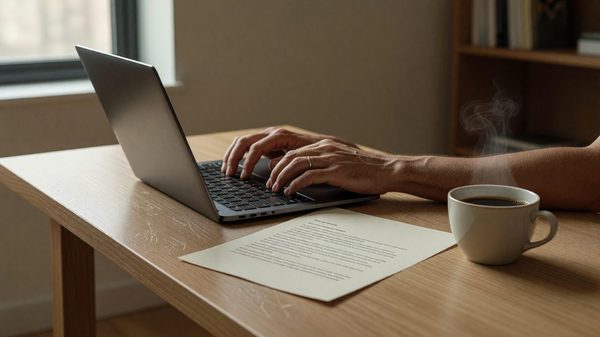 Author reviewing a laptop screen showing a copyright complaint form in a home office setting