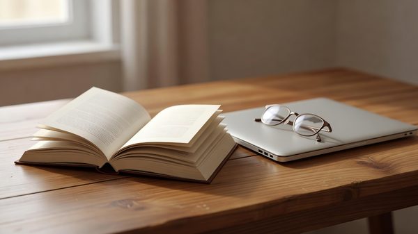 An open paperback beside a closed laptop and reading glasses on a warm wooden desk