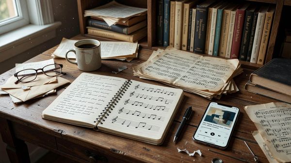 Novelist's desk with a notebook, sheet music, and a smartphone showing a music streaming app