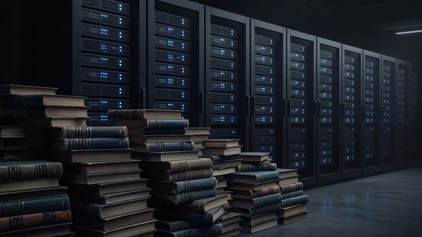 Stacks of hardcover books beside a server rack in a dim room