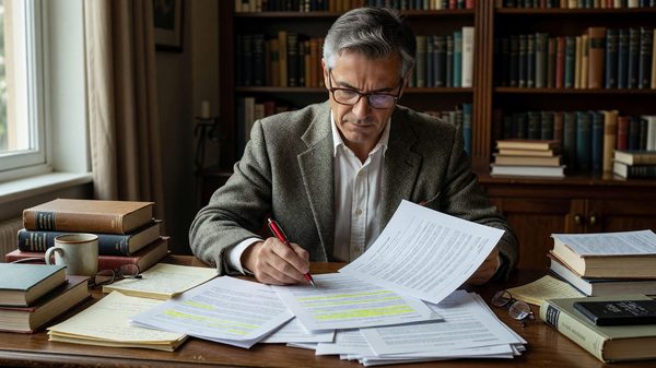 Author reviewing a lengthy publishing contract at a desk with a red pen and highlighted clauses