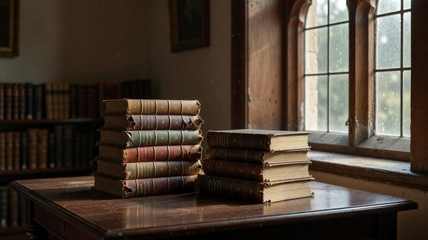Antique hardcover books with worn spines stacked on a library table near a window