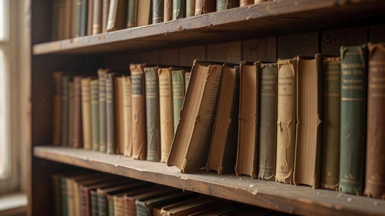 Worn antique books on a dusty wooden shelf beside a sunlit window
