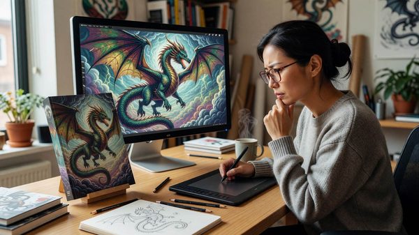 Illustrator examining their digital artwork next to a printed book cover using the same image without credit