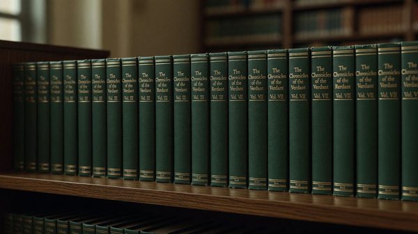 Row of matching book spines from a series lined up on a wooden shelf