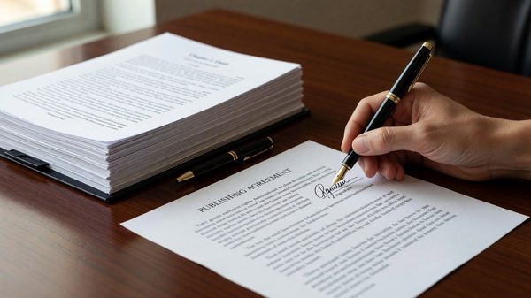 Close-up of a hand signing a publishing agreement next to a stack of manuscript pages and a pen