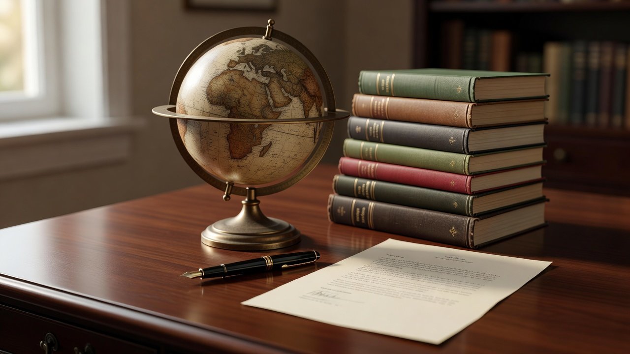 Antique globe, stack of hardcover books, and fountain pen beside a blank contract page